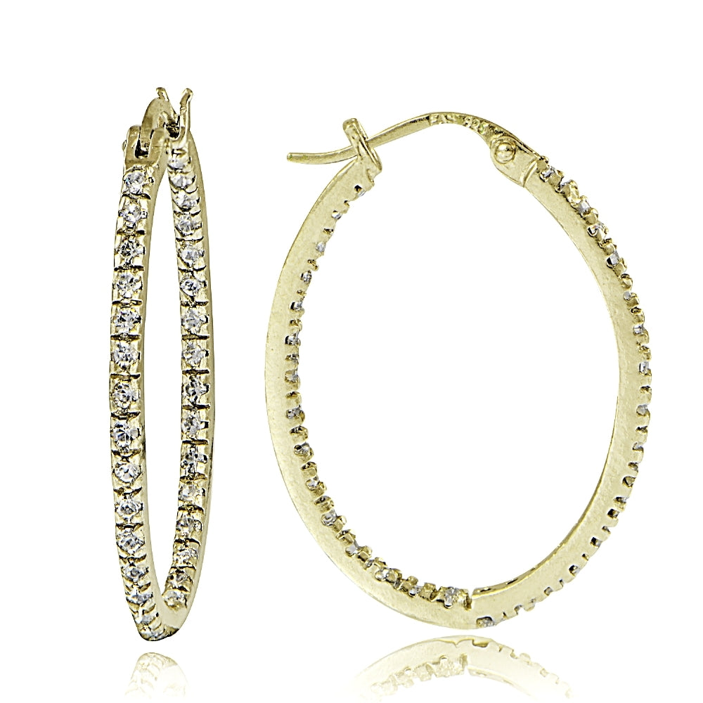 Gold Tone over Sterling Silver Cubic Zirconia Inside Out 25mm Oval Hoop Earrings