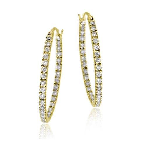 Gold Tone over Sterling Silver Cubic Zirconia Inside Out 25mm Oval Hoop Earrings-2