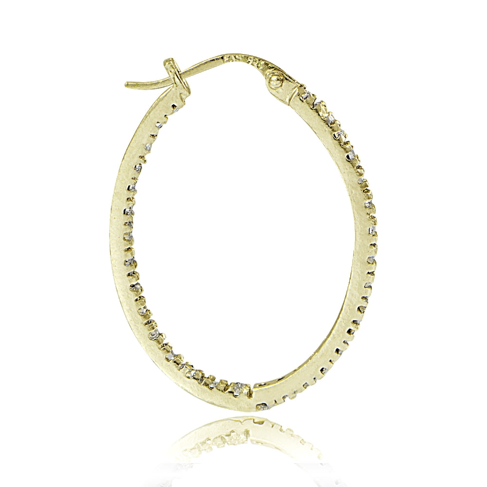 Gold Tone over Sterling Silver Cubic Zirconia Inside Out 25mm Oval Hoop Earrings-4