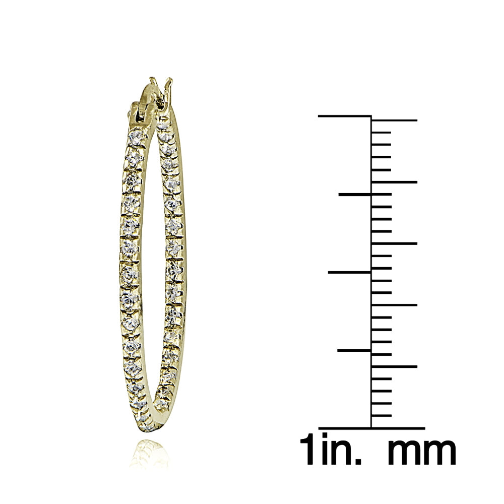 Gold Tone over Sterling Silver Cubic Zirconia Inside Out 25mm Oval Hoop Earrings-5