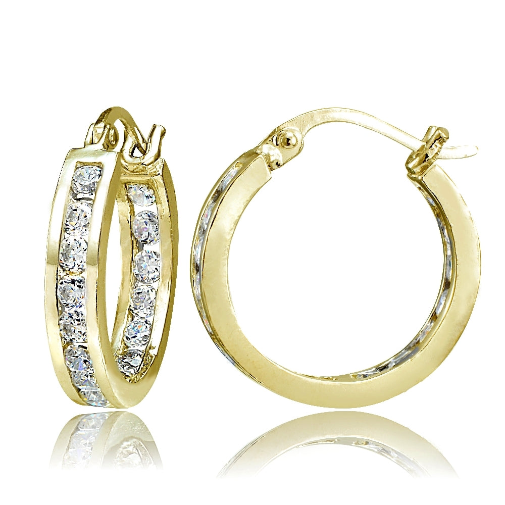 Gold Tone over Sterling Silver Cubic Zirconia Inside Out Channel-Set 15mm Round Hoop Earrings