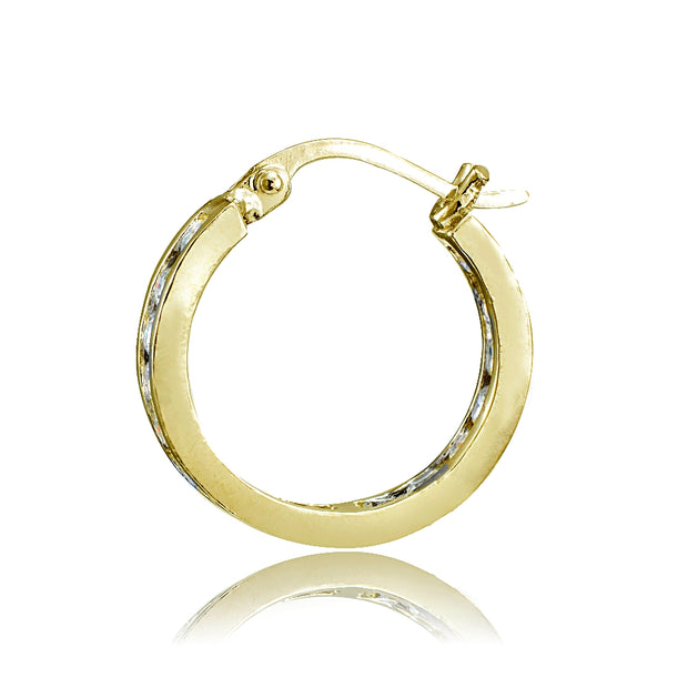Gold Tone over Sterling Silver Cubic Zirconia Inside Out Channel-Set 15mm Round Hoop Earrings