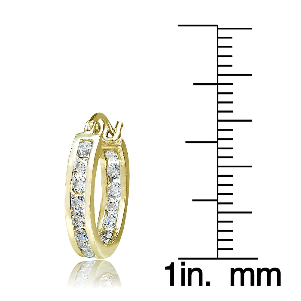 Gold Tone over Sterling Silver Cubic Zirconia Inside Out Channel-Set 15mm Round Hoop Earrings-3
