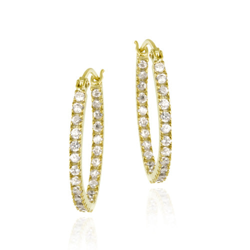 Gold Tone over Sterling Silver Cubic Zirconia Inside Out 20mm Oval Hoop Earrings-2