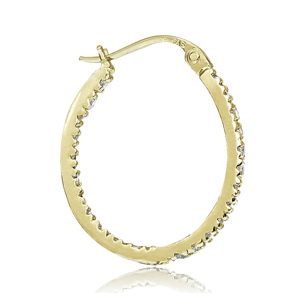 Gold Tone over Sterling Silver Cubic Zirconia Inside Out 20mm Oval Hoop Earrings-6