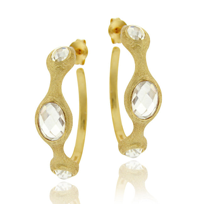 18K Gold over Sterling Silver CZ Brushed Hoop Earrings