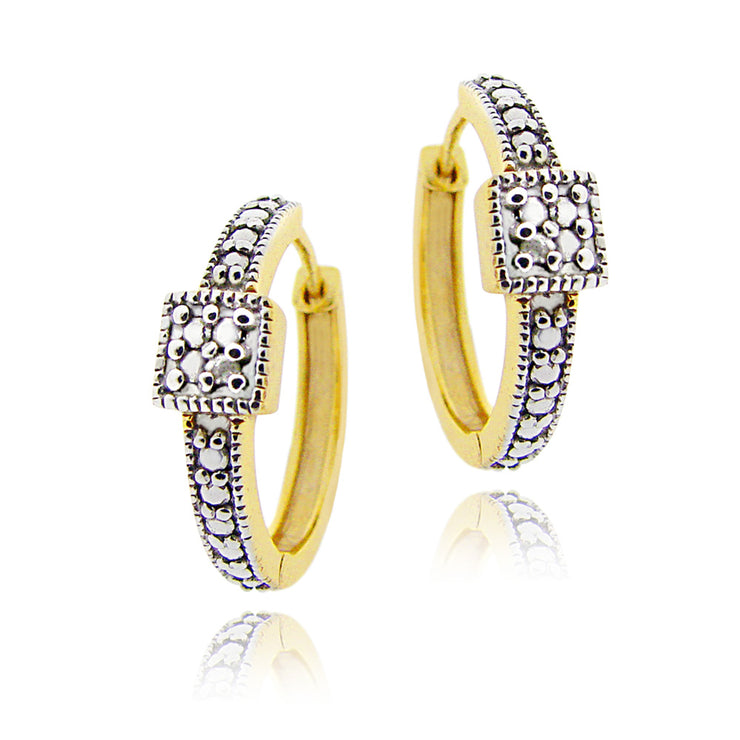 18K Gold over Sterling Silver Diamond Accent Square Design Hoop Earrings