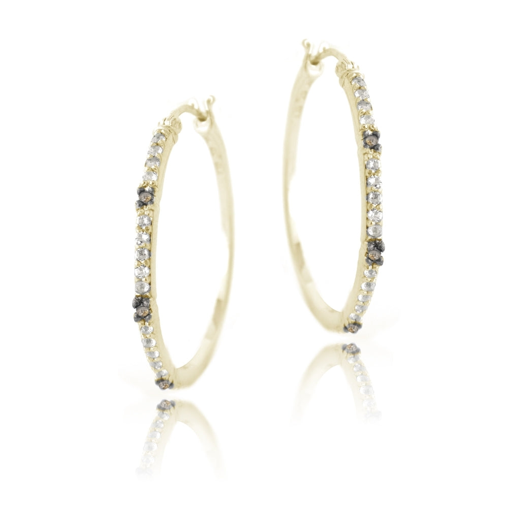 Gold Tone over Sterling Silver .06ct Champagne Diamond & White Topaz Hoop Earrings