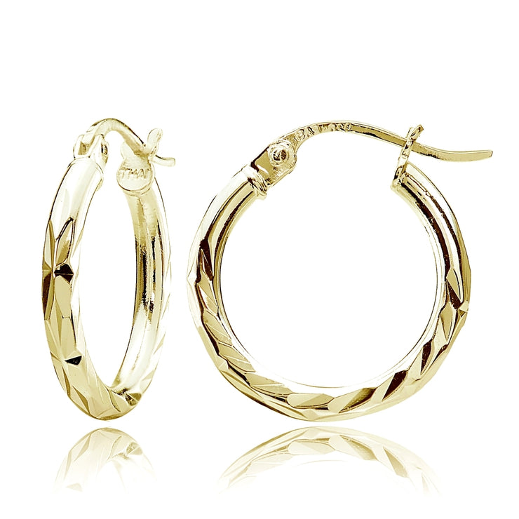 Gold Tone over Sterling Silver 2mm Diamond Cut High Polished Round Hoop Earrings, 15mm