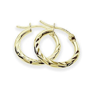 Gold Tone over Sterling Silver 2mm Diamond Cut High Polished Round Hoop Earrings, 15mm