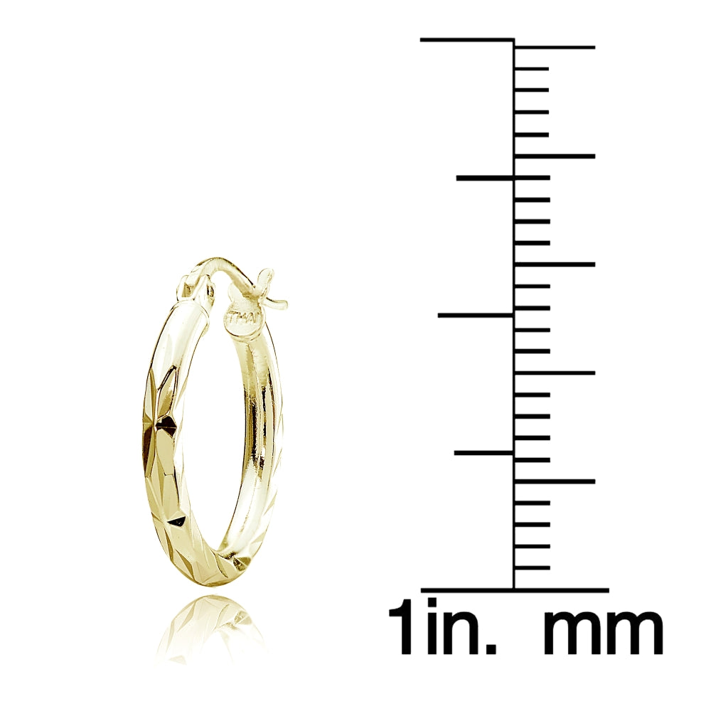 Gold Tone over Sterling Silver 2mm Diamond Cut High Polished Round Hoop Earrings, 15mm-3