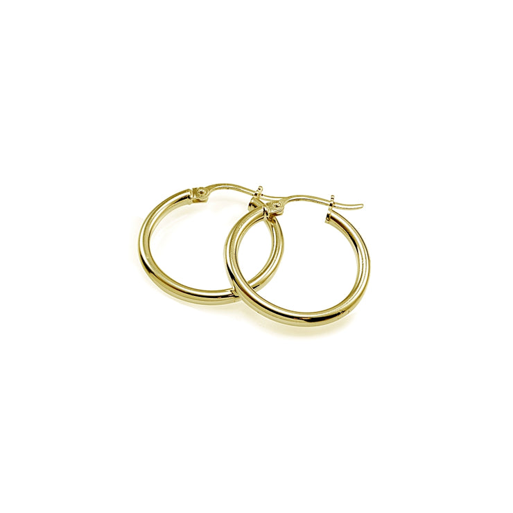 Gold Tone over Sterling Silver 2mm High Polished Round Hoop Earrings, 15mm