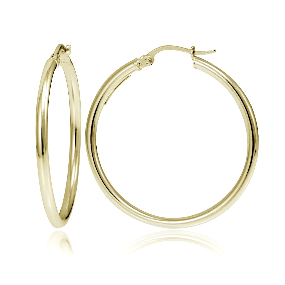 Gold Tone over Sterling Silver 2mm High Polished Round Hoop Earrings, 35mm