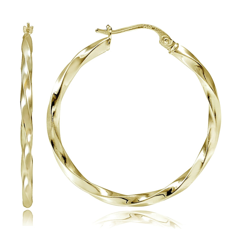 Gold Tone over Sterling Silver 2mm Twist Round Hoop Earrings, 40mm