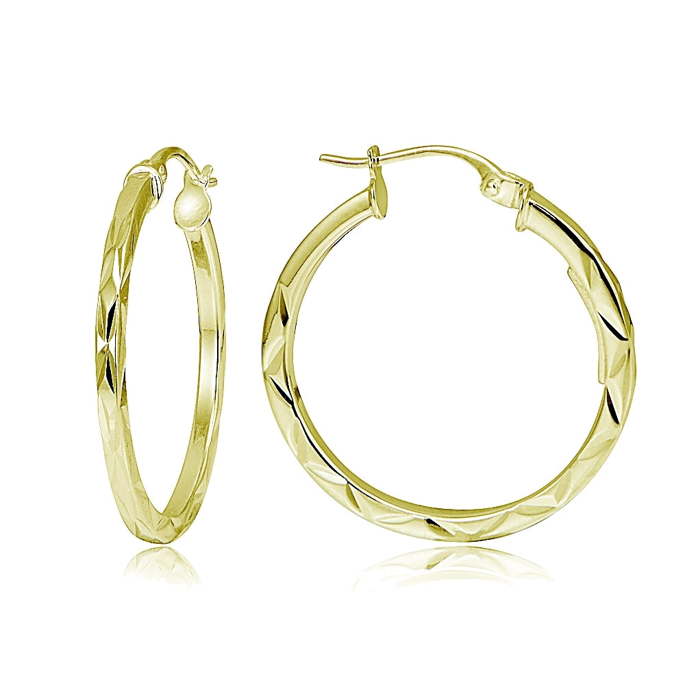 Gold Tone Over Sterling Silver Square-tube Diamond-Cut Round Hoop Earrings, 15mm