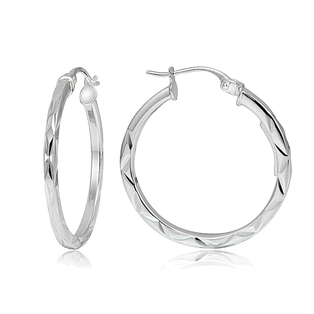 Gold Tone Over Sterling Silver Square-tube Diamond-Cut Round Hoop Earrings, 15mm