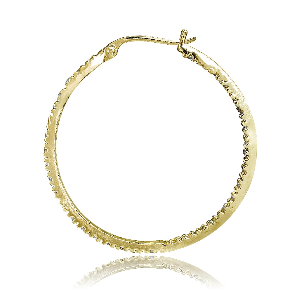 Gold Tone over Sterling Silver Cubic Zirconia Inside Out 30mm Round Hoop Earrings-2