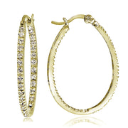 Gold Tone over Sterling Silver Cubic Zirconia Inside Out 30mm Oval Hoop Earrings