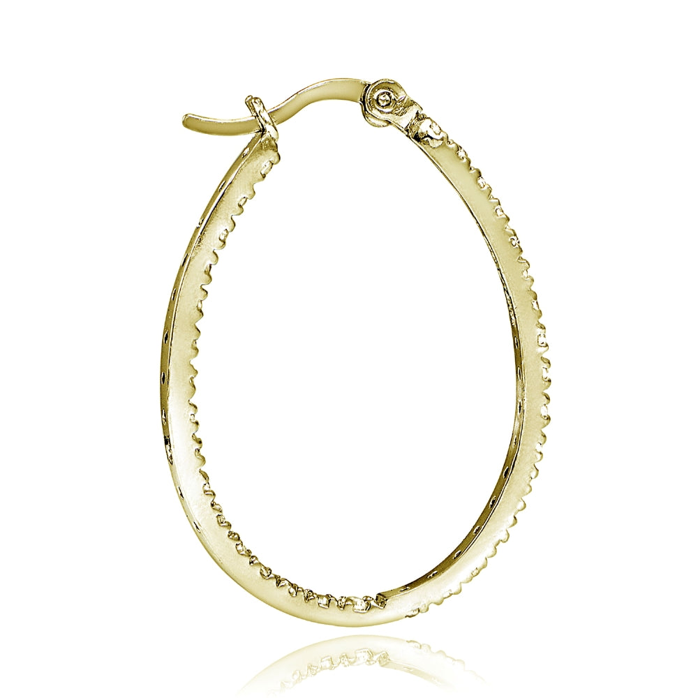 Gold Tone over Sterling Silver Cubic Zirconia Inside Out 30mm Oval Hoop Earrings-2