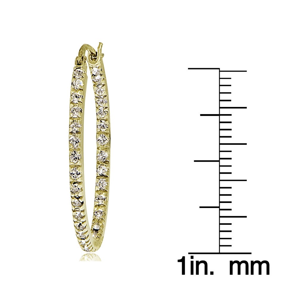 Gold Tone over Sterling Silver Cubic Zirconia Inside Out 30mm Oval Hoop Earrings-3