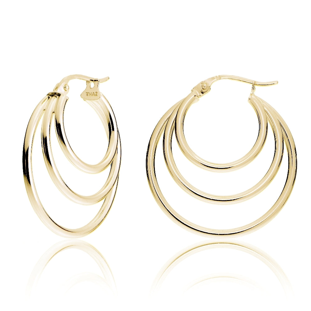 Gold Tone over Sterling Silver Triple Circle Round-Tube Polished Hoop Earrings, 25mm