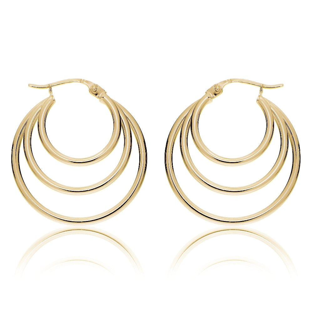 Gold Tone over Sterling Silver Triple Circle Round-Tube Polished Hoop Earrings, 25mm-2