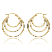 Gold Tone over Sterling Silver Triple Circle Round-Tube Polished Hoop Earrings, 25mm