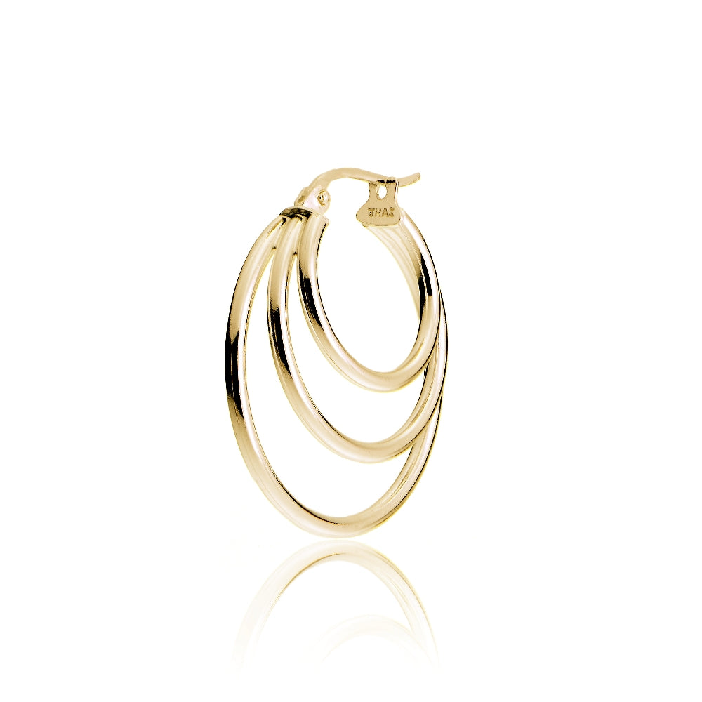Gold Tone over Sterling Silver Triple Circle Round-Tube Polished Hoop Earrings, 25mm-3