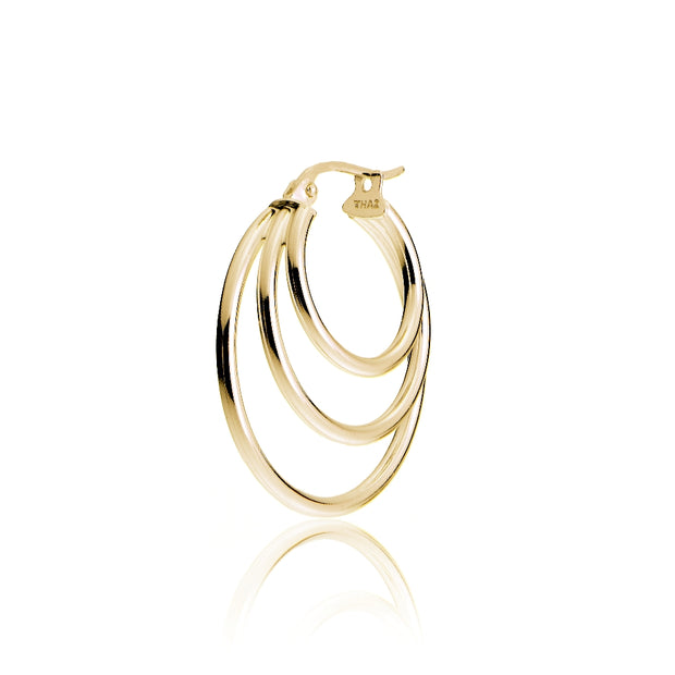 Gold Tone over Sterling Silver Triple Circle Round-Tube Polished Hoop Earrings, 25mm