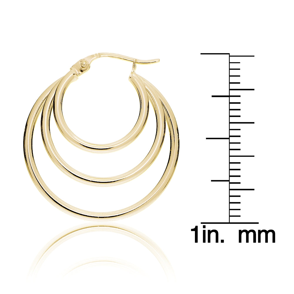 Gold Tone over Sterling Silver Triple Circle Round-Tube Polished Hoop Earrings, 25mm-4