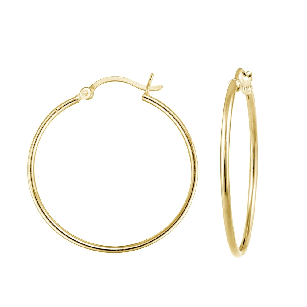 Gold Tone over Sterling Silver 1.5mm High Polished Round Hoop Earrings, 35mm
