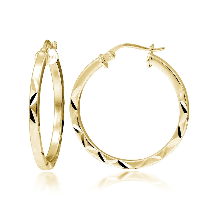 Gold Tone over Sterling Silver 2mm Diamond Cut Square-Tube Round Hoop Earrings, 20mm