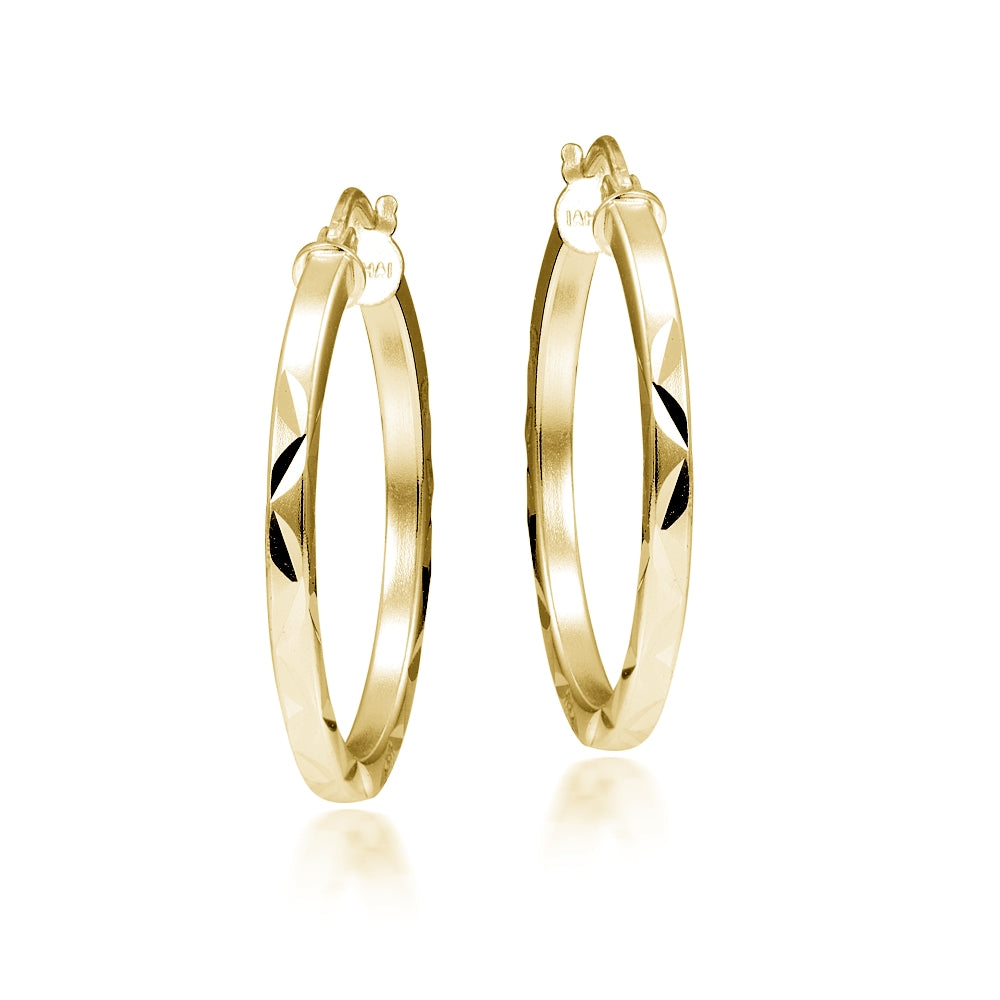Gold Tone over Sterling Silver 2mm Diamond Cut Square-Tube Round Hoop Earrings, 20mm-2