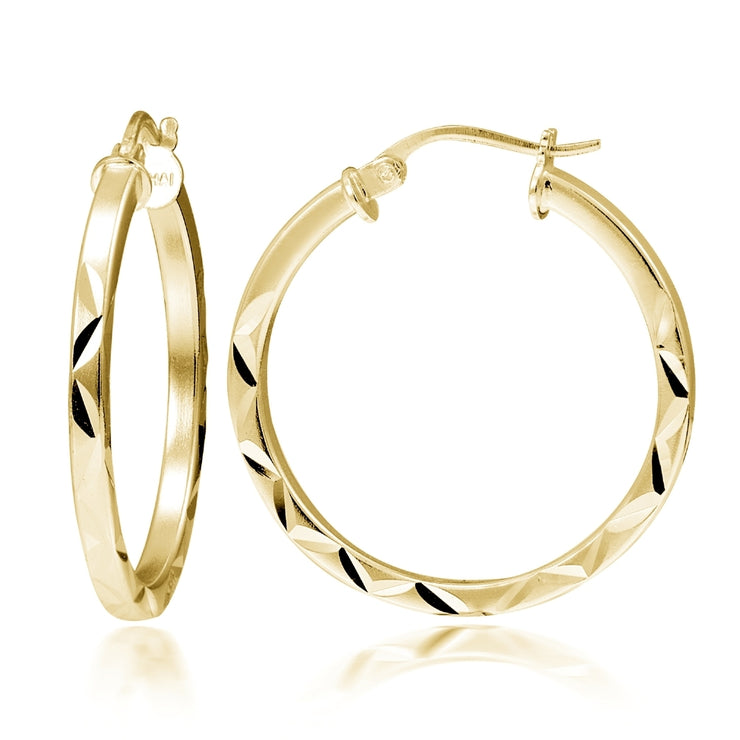 Gold Tone over Sterling Silver 2mm Diamond Cut Square-Tube Round Hoop Earrings, 25mm