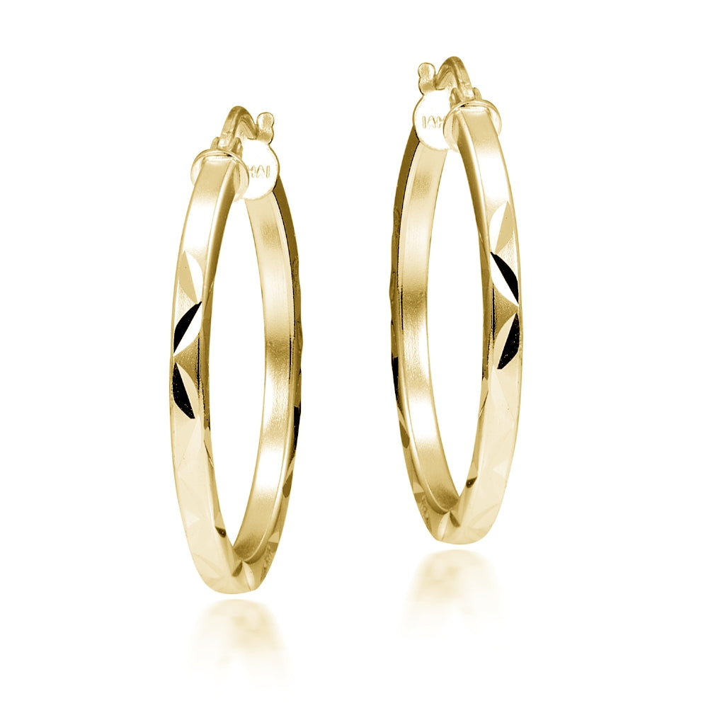 Gold Tone over Sterling Silver 2mm Diamond Cut Square-Tube Round Hoop Earrings, 25mm-2