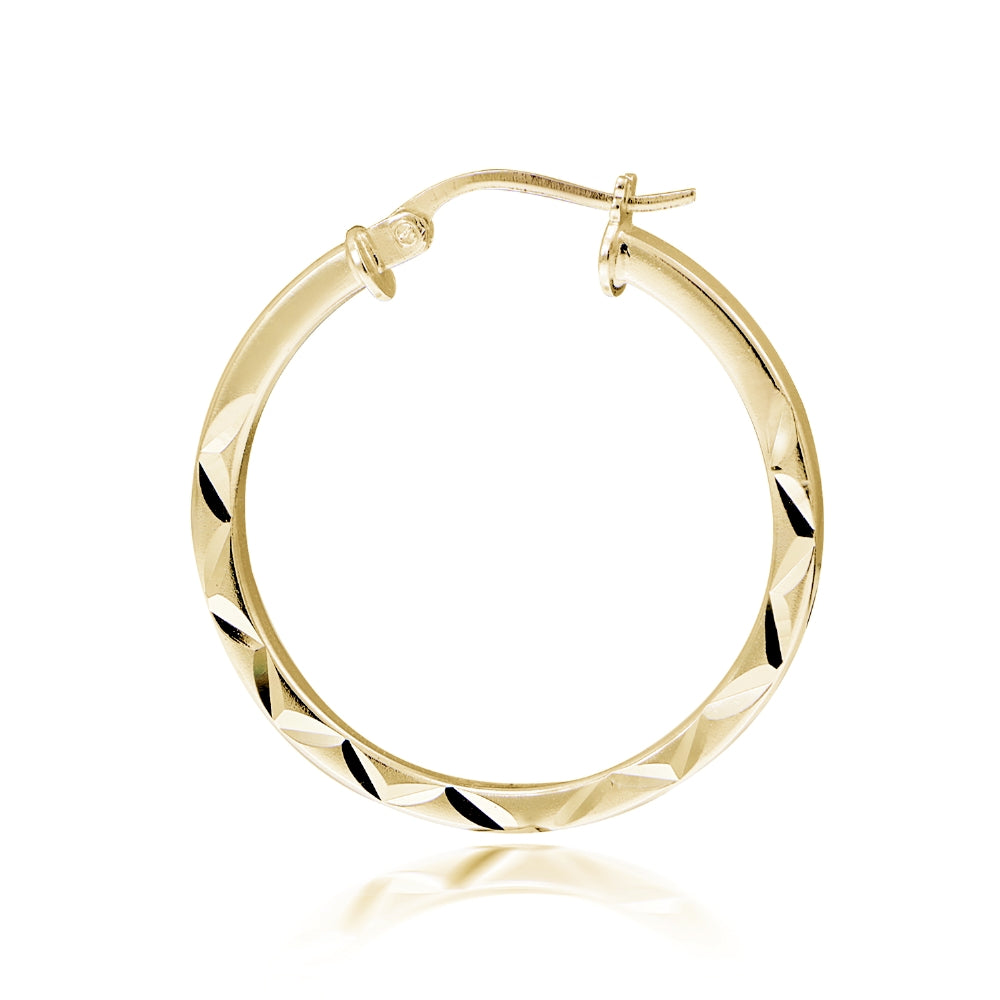 Gold Tone over Sterling Silver 2mm Diamond Cut Square-Tube Round Hoop Earrings, 25mm-3