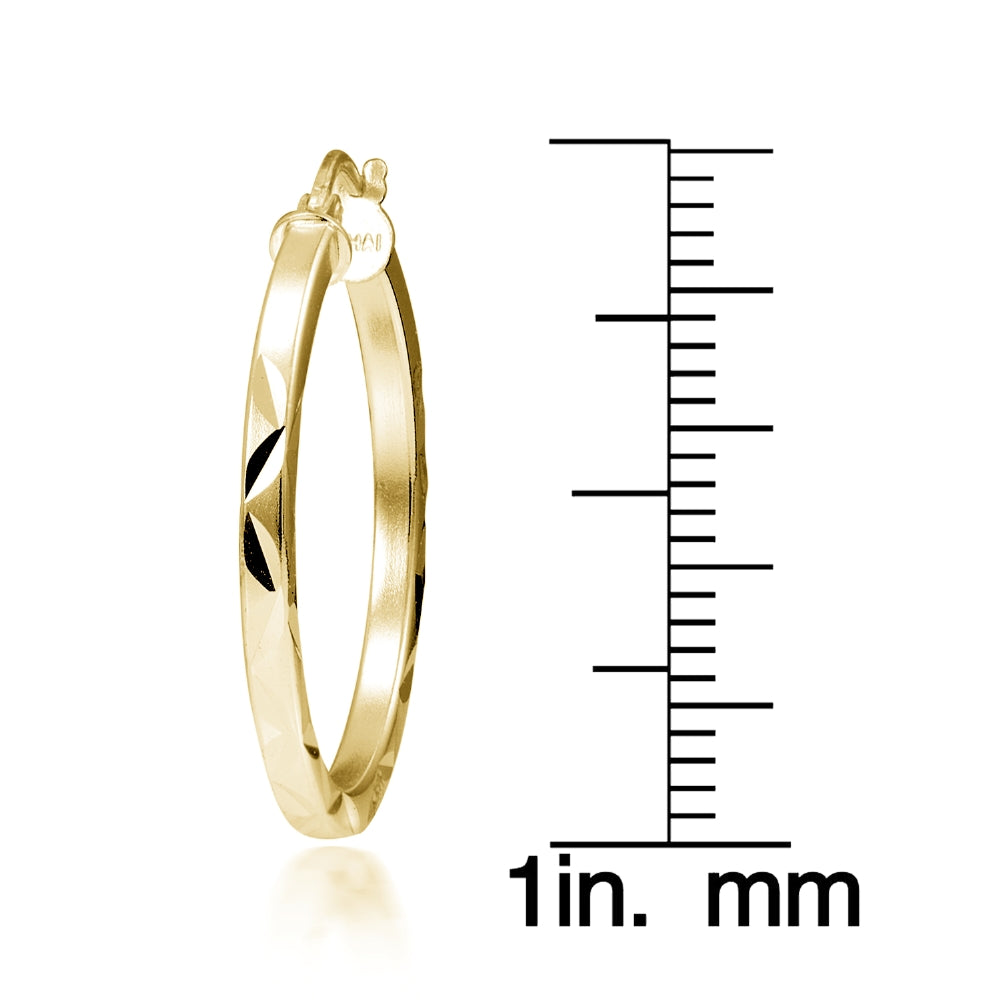Gold Tone over Sterling Silver 2mm Diamond Cut Square-Tube Round Hoop Earrings, 25mm-4