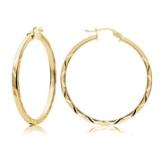 Gold Tone over Sterling Silver 2mm Diamond Cut Square-Tube Round Hoop Earrings, 35mm