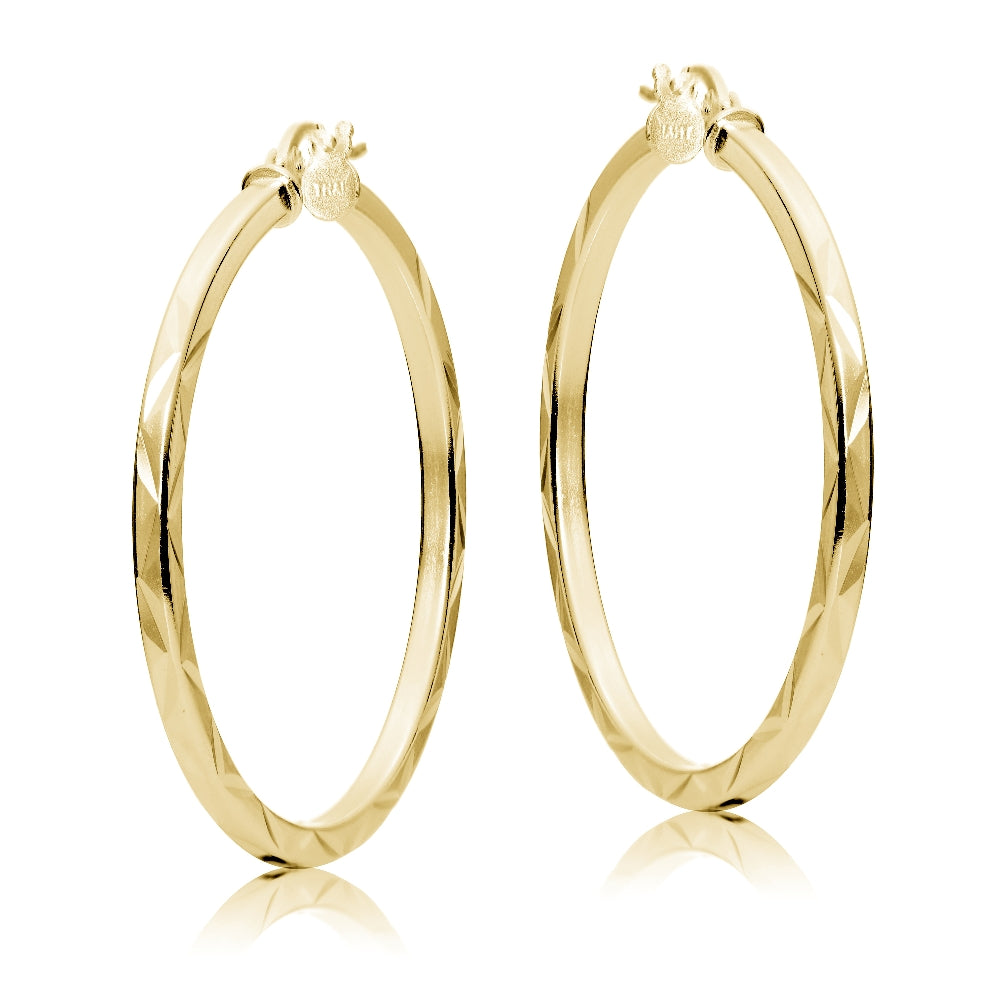 Gold Tone over Sterling Silver 2mm Diamond Cut Square-Tube Round Hoop Earrings, 35mm-2