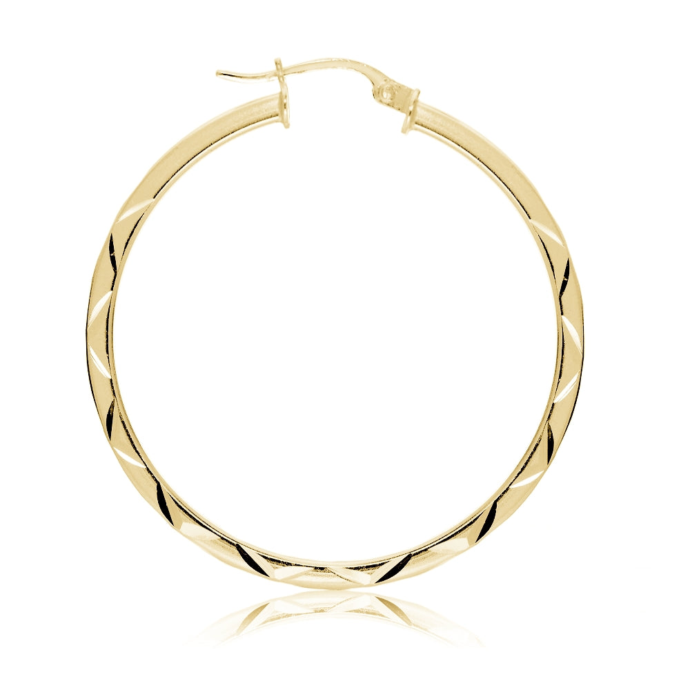 Gold Tone over Sterling Silver 2mm Diamond Cut Square-Tube Round Hoop Earrings, 35mm-3