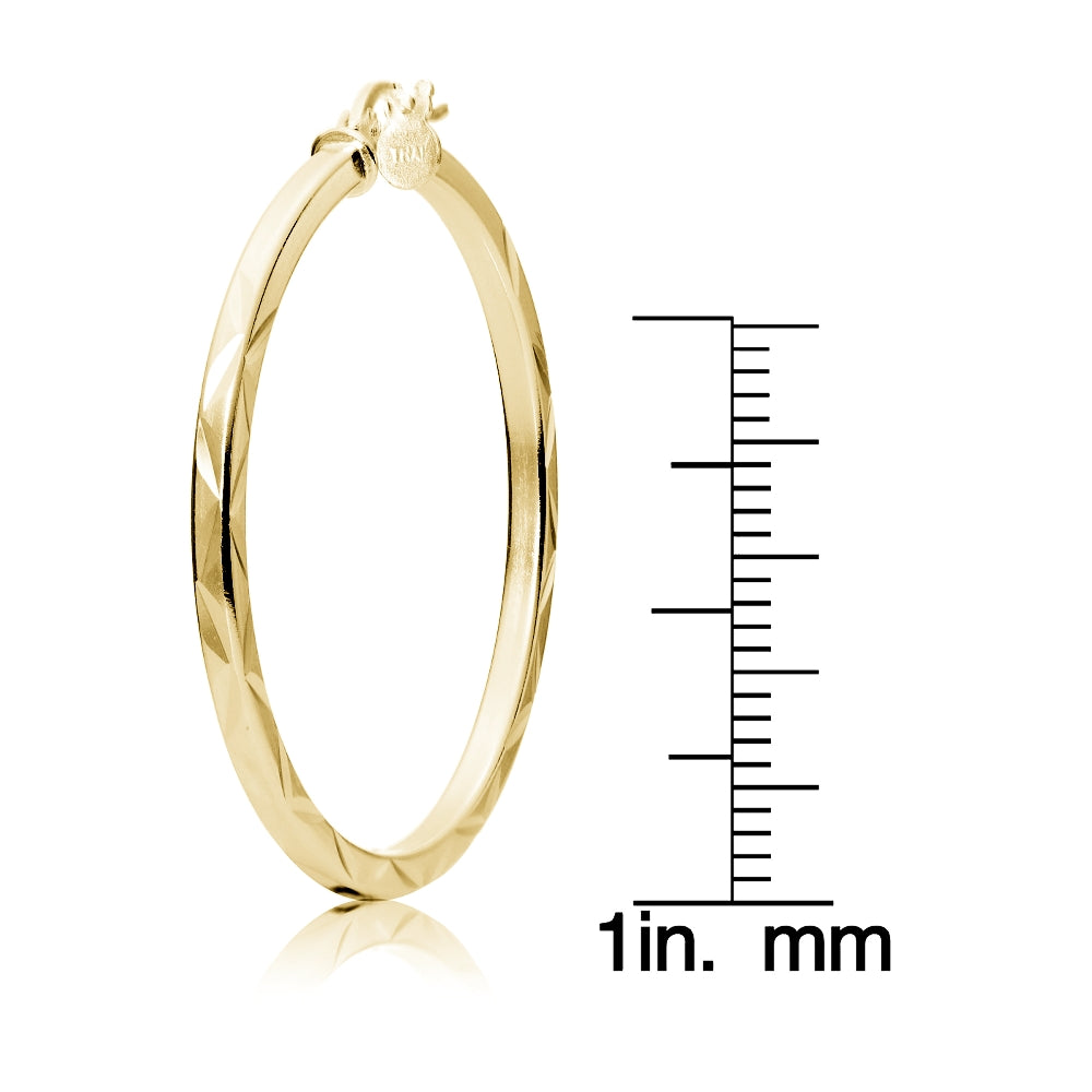 Gold Tone over Sterling Silver 2mm Diamond Cut Square-Tube Round Hoop Earrings, 35mm-4
