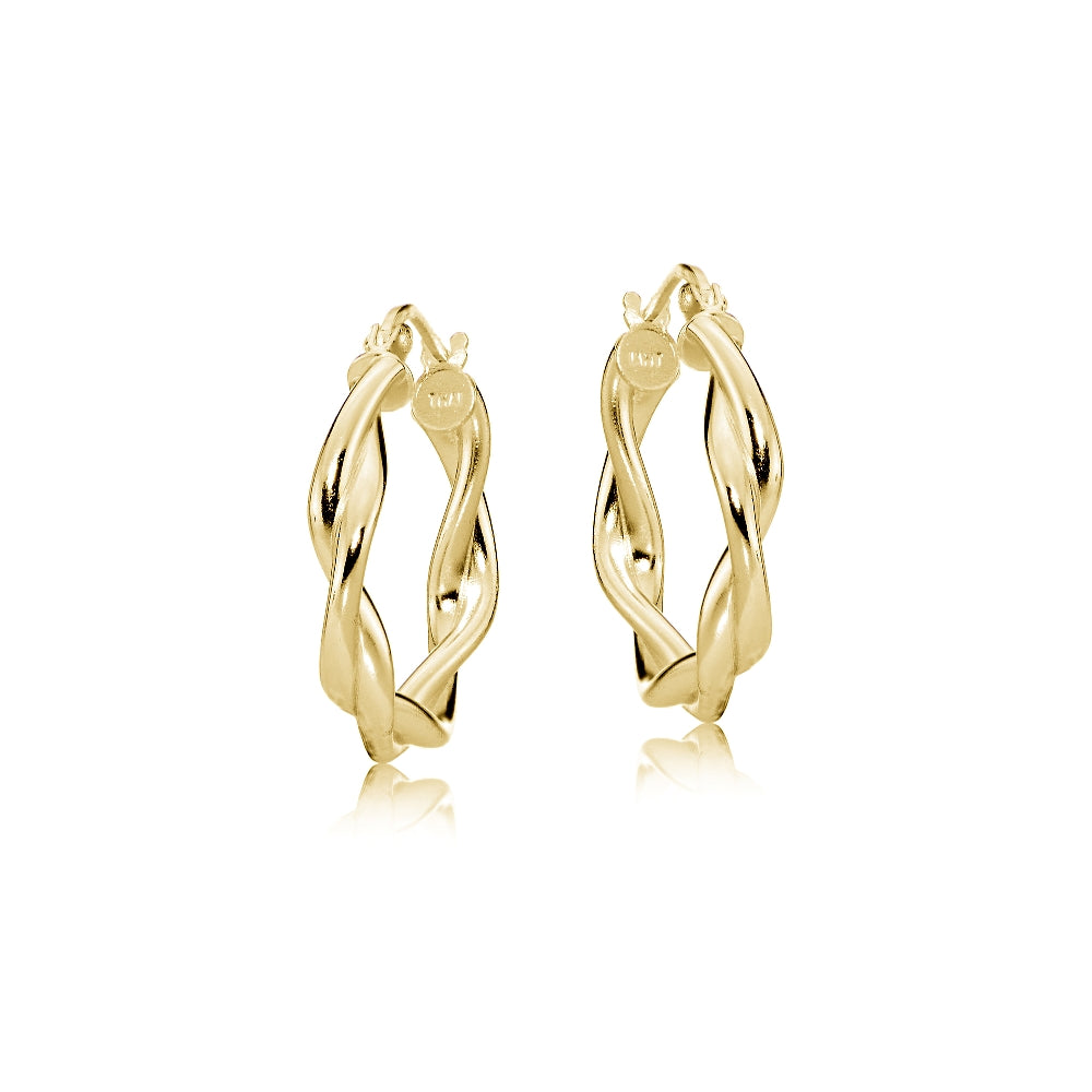 Gold Tone over Sterling Silver 3mm Twisteded High Polished Round Hoop Earrings, 15mm-2