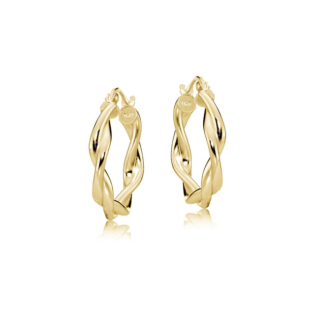 Gold Tone over Sterling Silver 3mm Twisteded High Polished Round Hoop Earrings, 15mm