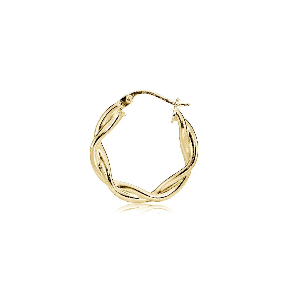 Gold Tone over Sterling Silver 3mm Twisteded High Polished Round Hoop Earrings, 15mm-3