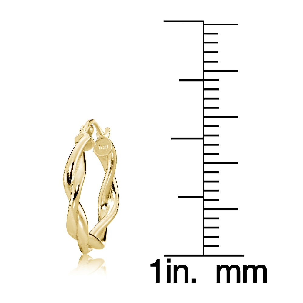 Gold Tone over Sterling Silver 3mm Twisteded High Polished Round Hoop Earrings, 15mm-4