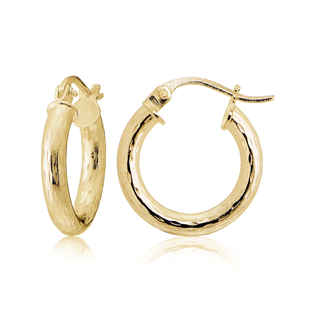 Gold Tone over Sterling Silver 2.5mm Diamond Cut Polished Round Hoop Earrings, 15mm