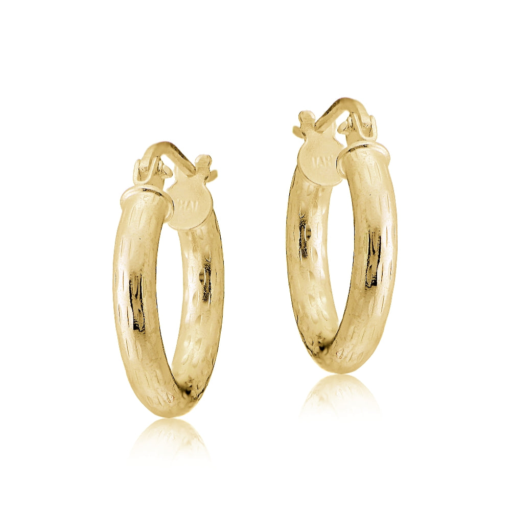Gold Tone over Sterling Silver 2.5mm Diamond Cut Polished Round Hoop Earrings, 15mm-2