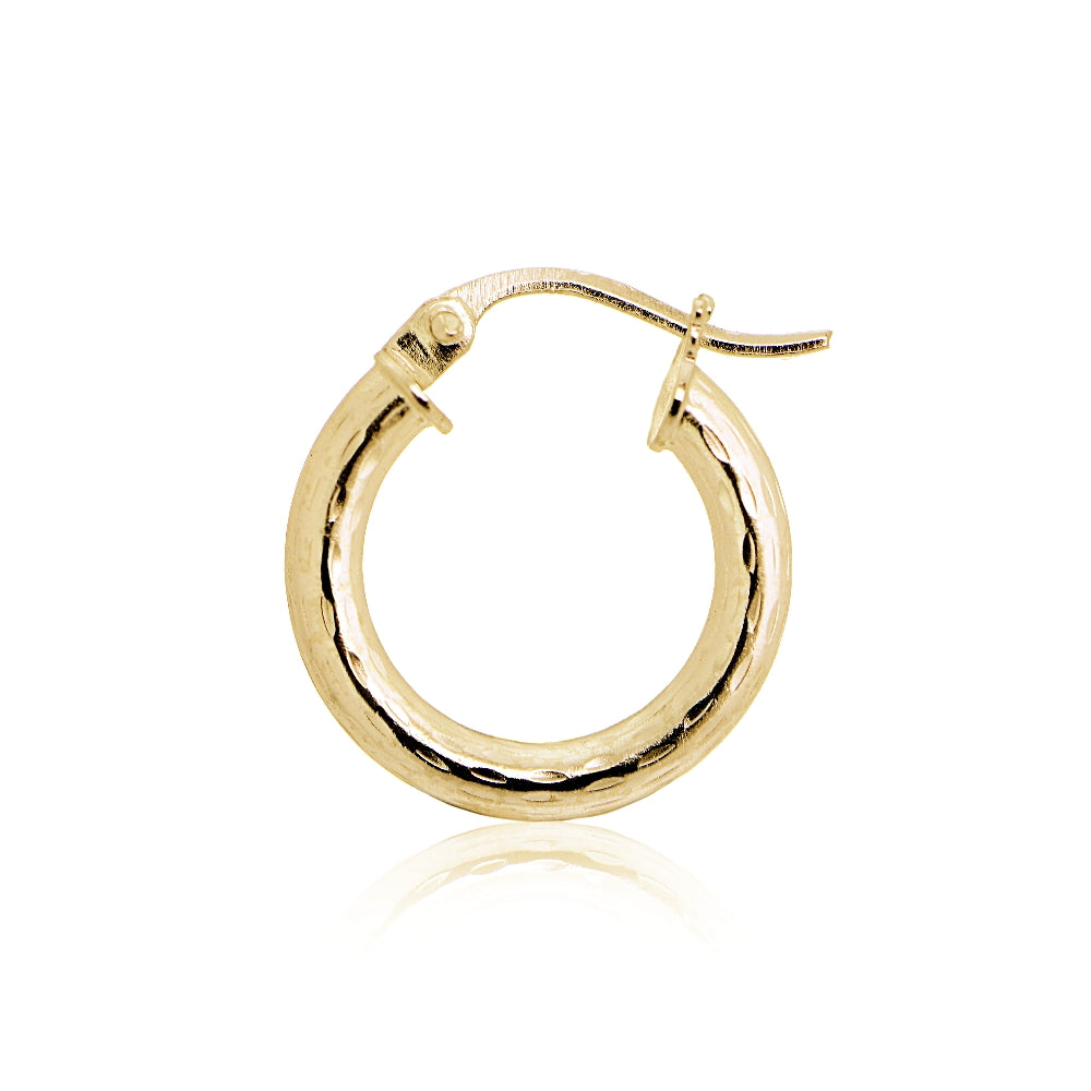 Gold Tone over Sterling Silver 2.5mm Diamond Cut Polished Round Hoop Earrings, 15mm-3