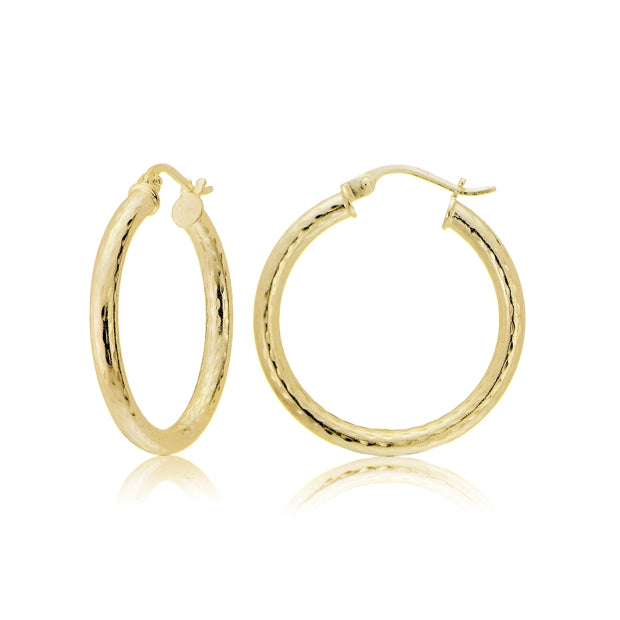 Gold Tone over Sterling Silver 2.5mm Diamond Cut Polished Round Hoop Earrings, 20mm