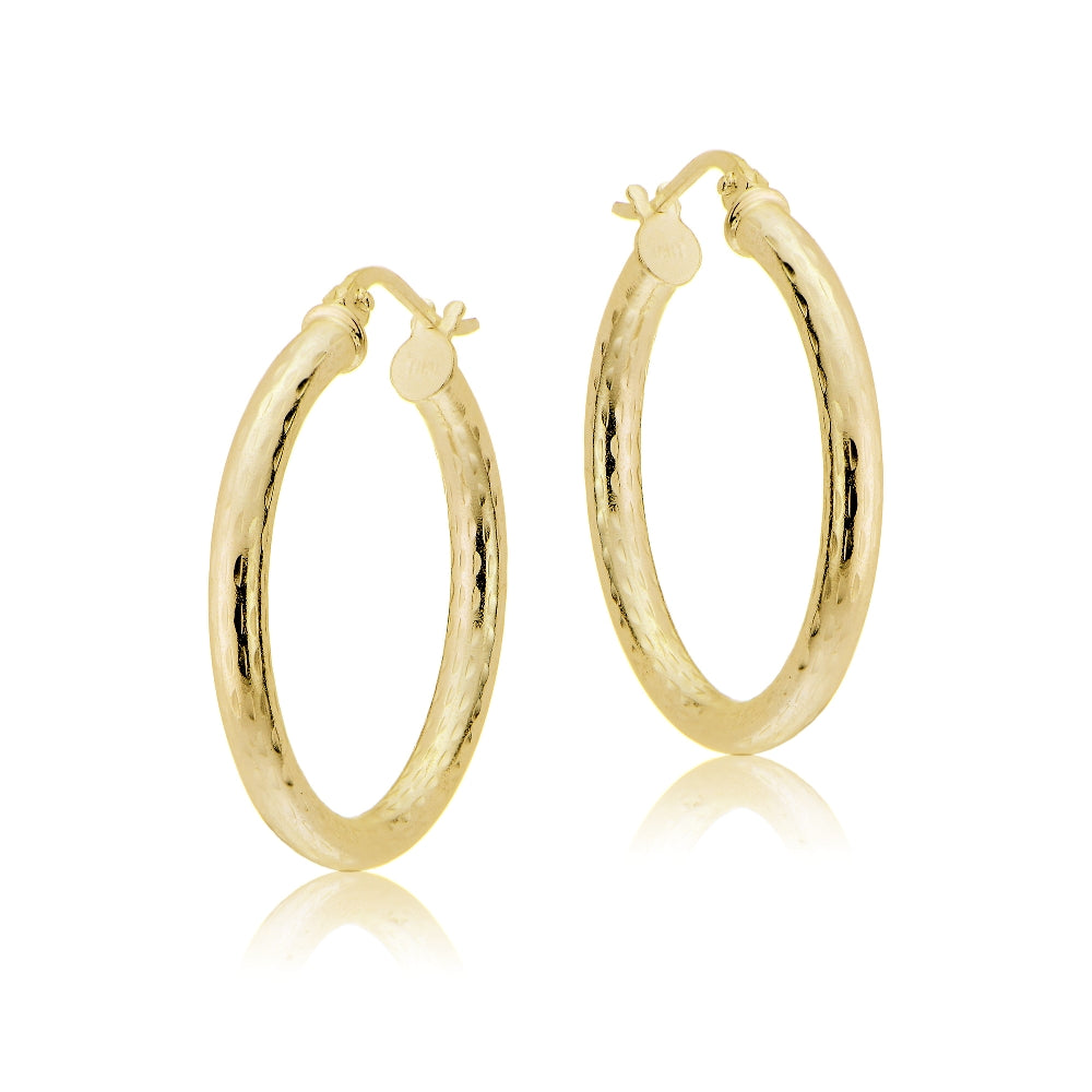 Gold Tone over Sterling Silver 2.5mm Diamond Cut Polished Round Hoop Earrings, 20mm-2